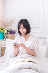 Portrait of beautiful asian young woman sleep lying in bed with head on pillow comfortable and happy with leisure, girl with relax for health and lifestyle concept.