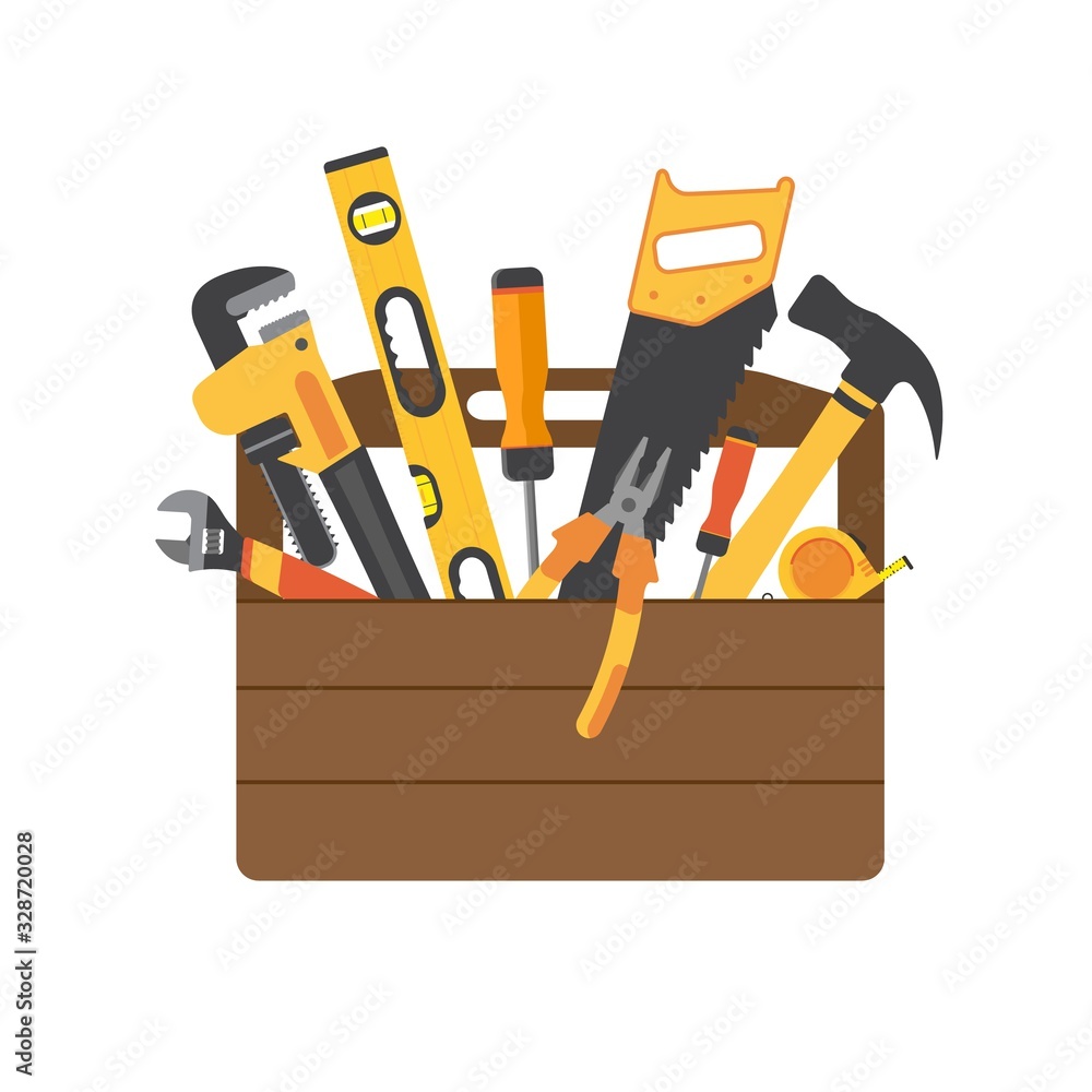 Wall mural toolbox with instruments inside. workman's toolkit. tool chest with hand tools. workbox in flat styl