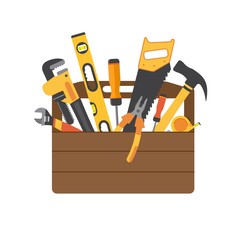 Toolbox with instruments inside. Workman's toolkit. Tool chest with hand tools. Workbox in flat style. Vector illustration
