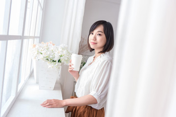 Portrait of beautiful asian young woman sleep lying in bed with head on pillow comfortable and happy with leisure, girl with relax for health and lifestyle concept.