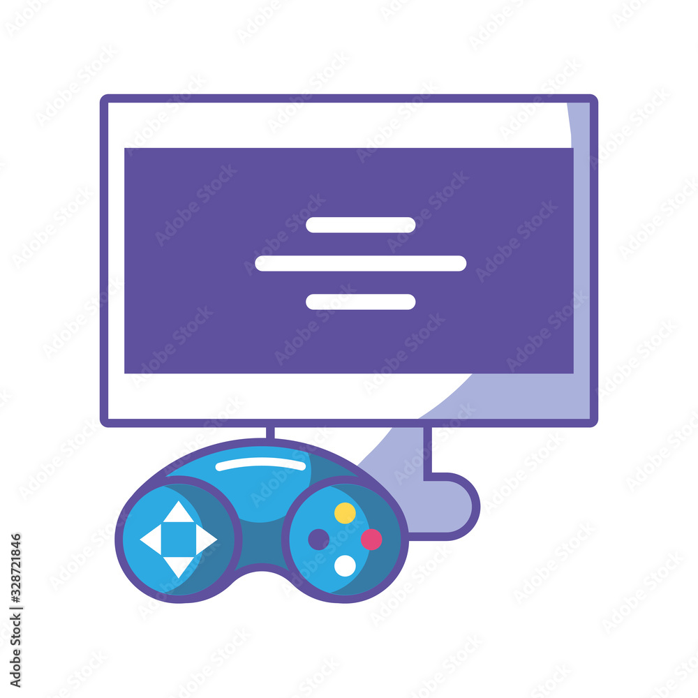 Poster desktop computer screen with videogames control on white background