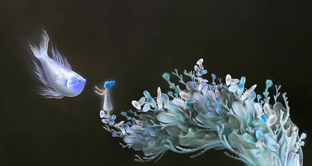 Naklejka premium Little girl with giant fish in fantasy nature, digital painting
