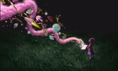 Girl with imagination book , education concept painting