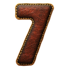 Number 7 made of leather. 3D render font with skin texture isolated on white background.