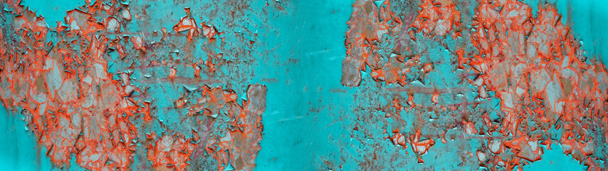 turquoise abstract rusty painted exfoliated metal texture background panoramabanner