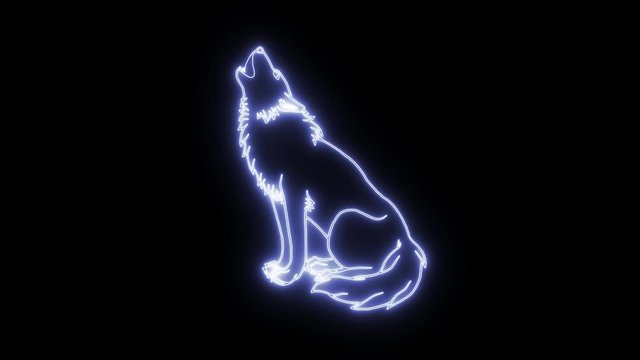 2d neon animation of wolf howling at the moon. Glowing red and blue lights form body of wild proud animal on black background. Fauna, wildlife.