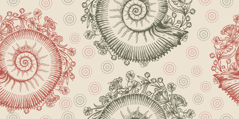 Ammonites and art nouveau flowers. Seamless pattern. Packing old paper, scrapbooking style. Vintage background. Medieval manuscript, engraving art. Symbol of science, paleontology, history, biology