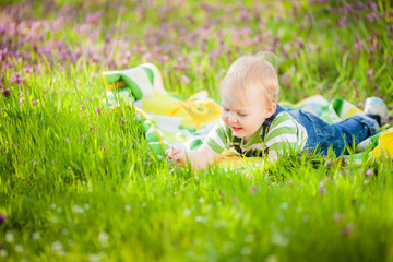 Little baby boy having fun on a green field in spring.