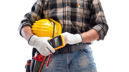 Fototapeta na wymiar Electrician holds multimeter tester in hand, helmet with protective goggles. Construction industry, electrical system. Isolated on a white background.