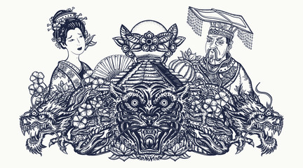 Dragons, tiger head, emperor, queen in traditional costume, fan, lantern and lotus flower. Ancient China and Japan. Asian oriental art. Tattoo and t-shirt design
