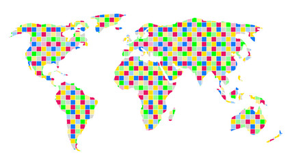 Fototapeta na wymiar Multicolored squares world map. Multicolored checkered world map. Large size. 