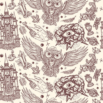 Medieval seamless pattern. Magic owl, holy grail, all seeing eye and sacred alchemy hands. Middle ages background. Gothic fairy tale art