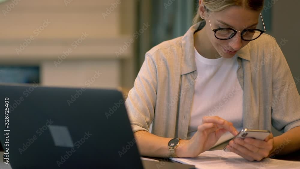 Poster zoom out of attractive female smartphone user searching web information during network browsing via 