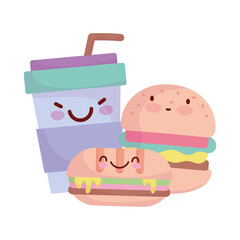 burger sandwich and take away cup menu character cartoon food cute