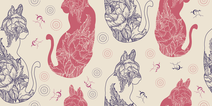 Cats and roses flowers. Seamless pattern. Packing old paper, scrapbooking style. Vintage background. Medieval manuscript, engraving art