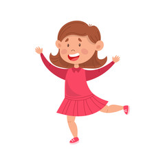 Happy baby girl. A cheerful child joyfully jumps, dances funny. Colorful simple flat cartoon style. Isolated vector illustration.