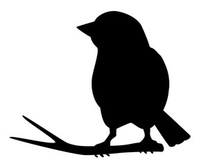 Obraz premium Little beautiful bird - vector silhouette for logo or pictogram. Sparrow sitting on a branch - icon. Bird on a branch black silhouette.