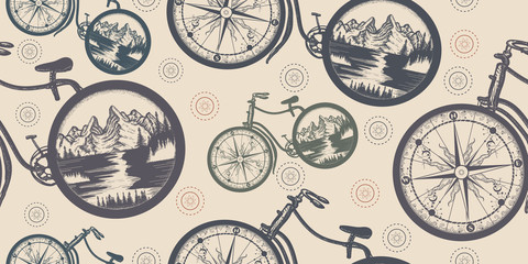 Compass and mountains in bicycle wheels. Seamless pattern. Packing old paper, scrapbooking style. Vintage background. Medieval manuscript, engraving art. Symbol of travel, tourism, adventure