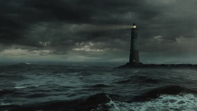 Lighthouse in stormy sea - loop. CC (real color) version.