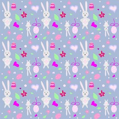 Easter eggs, hare on a blue background. Spring. Vector seamless pattern.