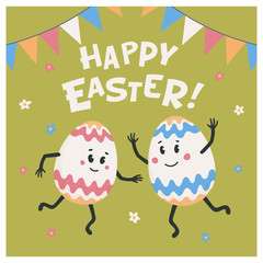 Happy easter greeting card. Colored eggs with cute faces dancing on a green lawn. Easter eggs friends with funny faces. Egg hunt. Flat style vector illustration.