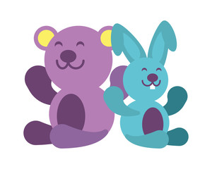 rabbit and teddy bear on white background, baby toys