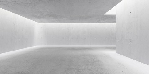 Abstract empty, modern concrete walls hallway room with indirekt ceiling lights and rough floor - industrial interior background template