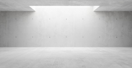 Abstract empty, modern concrete walls hallway room with indirekt ceiling lights in the back - industrial interior background template - obrazy, fototapety, plakaty