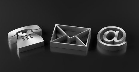 Metal telephone, envelope letter and e-mail symbols on black background, contact us symbols or banner