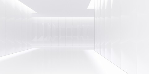 Abstract empty, modern shiny white walls hallway room with indirekt ceiling lights - industrial interior background template