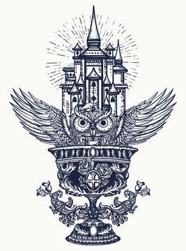 Holy grail, magic owl and ancient castle. Tattoo and t-shirt design. Medieval history concept. Symbol of Dark Ages Europe, alchemy legends. Gothic fairy tale art