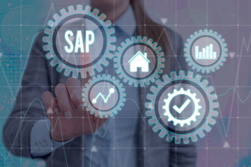 Handwriting text writing SAP. Conceptual photo SAP Business process automation software. ERP enterprise resources planning system concept on virtual screen. AI. Artificial intelligence.