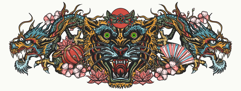 Dragons and tiger head. Traditional asian concept. Oriental art. Ancient China and Japan style. Mythology and culture. Yakuza tattoo