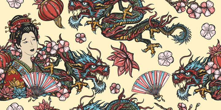 Dragons and сhinese woman, fan, lantern. Ancient China seamless pattern. Oriental background. Traditional tattooing style. History and culture of Asia