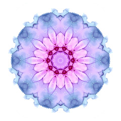 Delicate watercolor flower mandala pattern in pink, violet and blue tones isolated on white background.