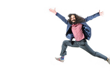 Portrait of a cheerful nerd wearing colorful suit