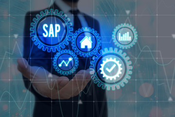 Conceptual hand writing showing SAP. Concept meaning SAP Business process automation software. ERP enterprise resources planning system concept on virtual screen. AI. Artificial intelligence.