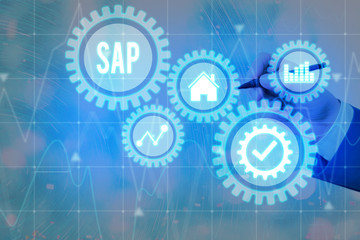 Conceptual hand writing showing SAP. Concept meaning SAP Business process automation software. ERP enterprise resources planning system concept on virtual screen. AI. Artificial intelligence.
