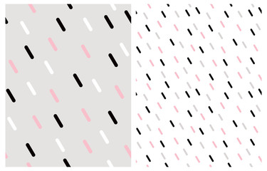 Simple Geometric Seamless Vector Pattern. White, Black and Pink Short Lines Isolated on a Light Gray Background. White, Pink and Gray Elements on a White Layout. Confetti Rain Vector Print.