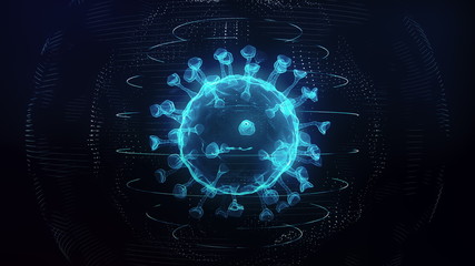 Realistic Novel Coronavirus 2019-nCov in futuristic digital grid. Asian Flu outbreak in Wuhan and influenza 3D illustration with blue microscope virus close up. Pandemic, Covid-19, medical concept