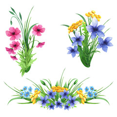Set of floral arrangements. Hand drawn watercolor elements. Perfect for designing greeting cards. 
