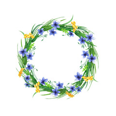 Fototapeta na wymiar Beautiful wild flowers wreath. Hand drawn watercolor elements. 