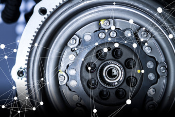 POWERFUL ENIGINE OF CAR. PART OF MOTOR. TECHNICAL INDUSTRY.