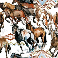 runing horses seamless pattern. Wild western background. watercolor tribal texture. equestrian illustration © Елена Фаенкова
