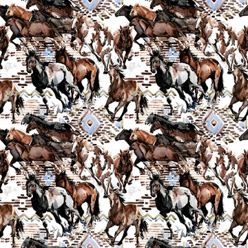 runing horses seamless pattern. Wild western background. watercolor tribal texture. equestrian illustration