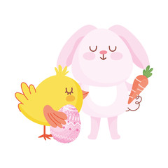happy easter pink bunny chicken with egg carrot cartoon