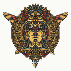 Ancient totem, wings and mayan sun tattoo and t-shirt design. Mesoamerican mythology. Aztec art. Mexican god