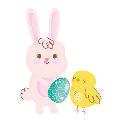 Obraz na płótnie Canvas happy easter rabbit with egg chicken rainbow field flowers