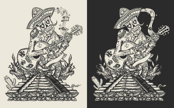 Mariachi skeleton wearing sombrero and playing guitar. Mesoamerican mythology. Mexican art. Template for clothes, covers, emblems, stickers, poster and t-shirt design