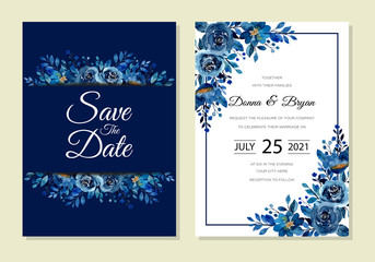 Beautiful wedding invitation card with blue floral watercolor